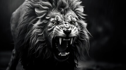 Close-up of the head of an aggressive lion ready to attack. Wild animal in monochrome style. Illustration for cover, card, postcard, interior design, banner, poster, brochure or presentation.