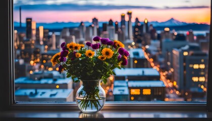 Beautiful flowers in vase sitting near window,  a enchanted view of sunset, neighborhood outside window, beautiful relaxing scene. Luxurious lifestyle. Simplicity, nostalgia, emotion and enjoyment.
