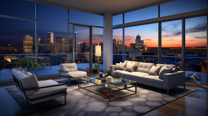 Luxury Condo with City Skyline Views A luxurious condo offering breathtaking city skyline views, perfect for upscale urban living promotions or luxury real estate sales - obrazy, fototapety, plakaty