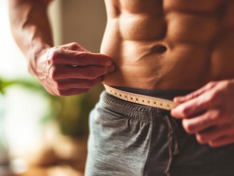 A man is measuring the perfect shape of beautiful hips, possibly as part of fitness or body measurement goals.