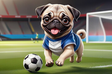 Animated pug puppy character in a playful football game, full of energy.