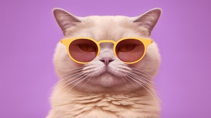 Stylish cat posing in sunglasses. Close portrait of furry kitty in fashion style. Illustration for cover, card, postcard, interior design, banner, poster, brochure or presentation.