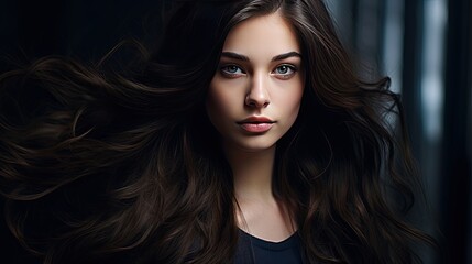 Fototapeta premium Beautiful female face with powerful silky hair and chic hairstyle. Perfect image of a beautiful brunette woman. Feminine image of natural beauty. Illustration for beauty and fashion magazine.