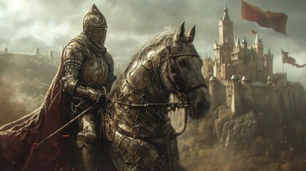 A majestic portrait of a horse decked out in shiny knight's armor, standing proudly in a studio with a medieval castle backdrop - obrazy, fototapety, plakaty