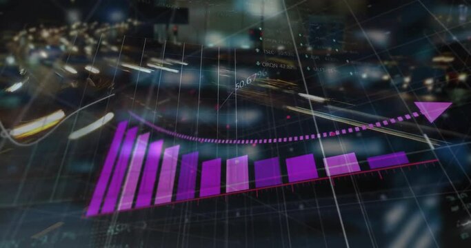 Animation of data processing, diagrams and stock market over city at night