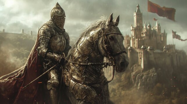 A majestic portrait of a horse decked out in shiny knight's armor, standing proudly in a studio with a medieval castle backdrop