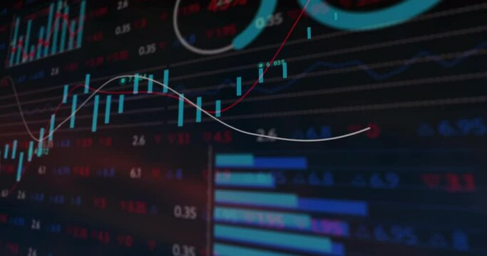 Animation of data processing, diagrams and stock market over black background