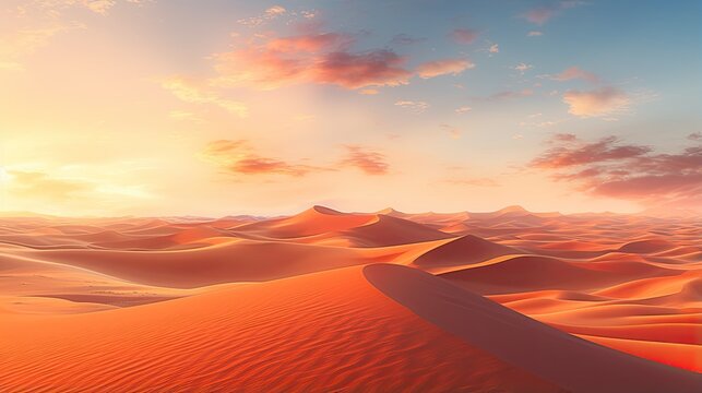 Dunes and sand in desert landscape. Abstract background. Illustration for cover, card, postcard, interior design, screen, poster, brochure or presentation.