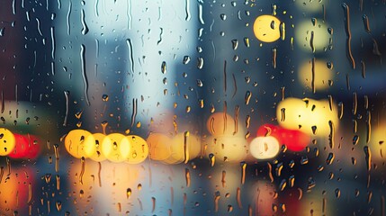 Raindrops on the windshield. Blurred lights of the night city behind rainy glass. Rainy night. Defocused view of city road through wet glass. Illustration for card, poster, cover, brochure, etc.