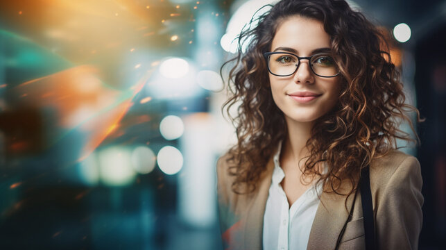 Young Entrepreneur with Creative Office Backdrop An image of a young, dynamic business woman in casual attire and glasses, with a creative office space blurred background