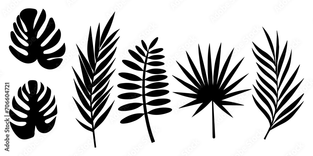 Poster set of silhouettes of palm leaves. vector simple set of exotic palm leaves.