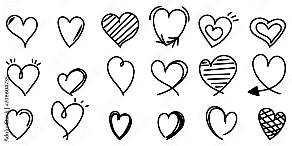 Poster A set of drawn simple hearts. A large set of unique primitive and hand-drawn hearts.
