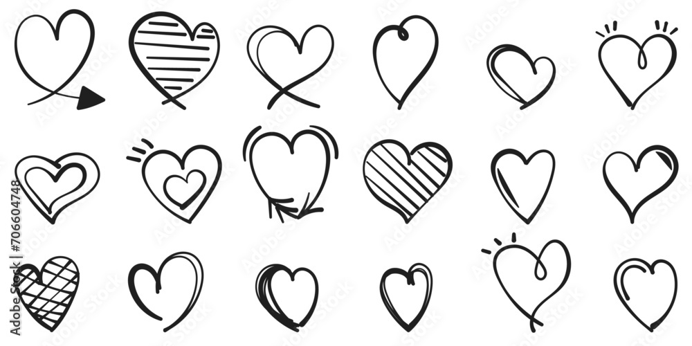 Leinwandbilder A set of drawn simple hearts. A large set of unique primitive and hand-drawn hearts. Vector seamless.