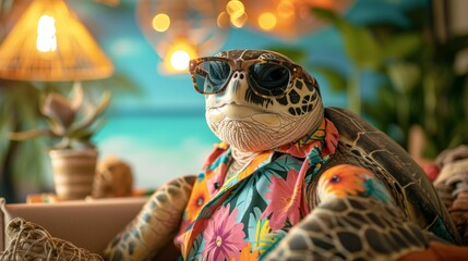 A relaxed portrait of a turtle wearing a Hawaiian shirt, complete with sunglasses, set in a beach-themed studio with tropical decorations - obrazy, fototapety, plakaty