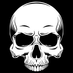 The skull is stylish and without a lower jaw. Ink shard, black and white.