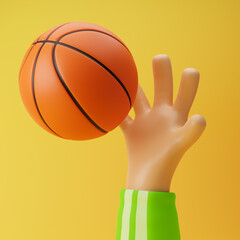 Athlete cartoon hand catching basketball isolated over yellow background. 3D rendering.