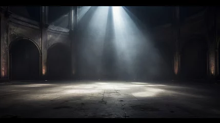 Fotobehang Abandoned Theater Stage with Concrete Floor An abandoned theater stage featuring a grunge concrete floor, shrouded in fog and stage lighting Suitable for theatrical marketing or dramatic © 1st footage