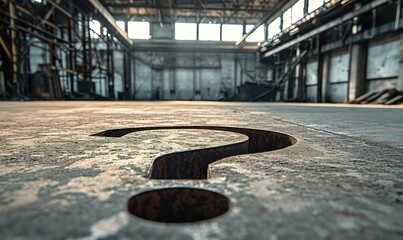 Mysterious atmosphere: a black question mark in a dimly lit abandoned industrial corridor.
