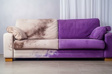 Comparison: Dirty and clean furniture after dry cleaning. Purple sofa stains. Straight view, dirty half, and clean half. Cleaner concept. Generative AI - obrazy, fototapety, plakaty