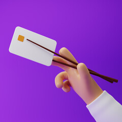 Cartoon hand holding bank credit card with wooden chopsticks isolated over purple background. 3d rendering.