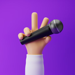 Cartoon hand holding microphone and showing victory gesture isolated over purple background. 3d rendering.