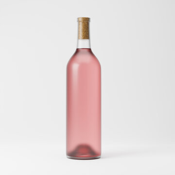 Frosted clear glass bottle of rose wine isolated over white background. Mockup template. 3d rendering.
