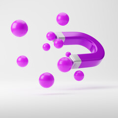 Metal purple magnet attracting spheres isolated over white background. 3d rendering.