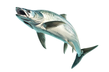 An Atlantic tarpon in mid-leap displays its impressive leaping posture against a clear, clear background.