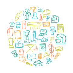 Fototapeta na wymiar Vector round illustration of a collection of household appliances and electrical appliances for the home, hand-drawn in the style of doodles