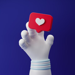 Astronaut cartoon hand reaching for a heart icon isolated over blue background. 3d rendering.
