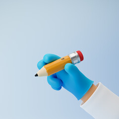 Doctor cartoon hand in medical glove holding yellow pencil with rubber eraser isolated over blue background. 3D rendering.