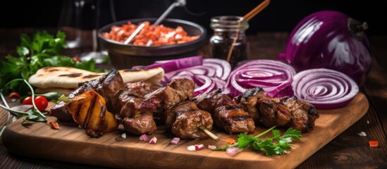 Close-up view of kebabs with red onion, sauce, and pita bread on wooden board on table.