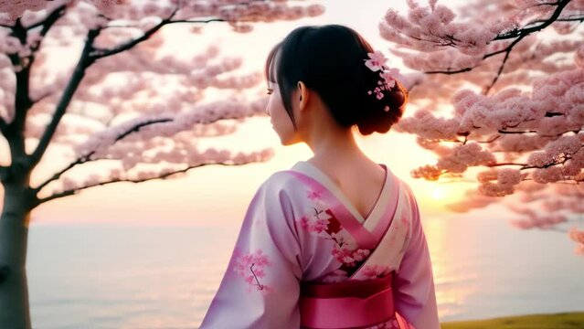 Beautiful woman in kimono with beautiful cherry blossoms in the background
