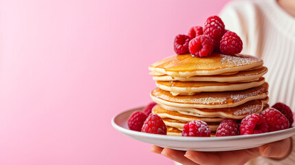 Close up cropped female hold in hand tasty yummy stacke of pancakes with raspberries isolated on pastel background studio. - obrazy, fototapety, plakaty