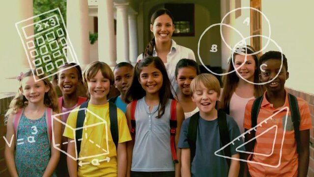 Animation of school items icons over diverse schoolchildren smiling with female teacher