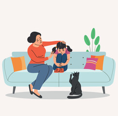 Mother calms daughter on the sofa. Vector flat cartoon illustration