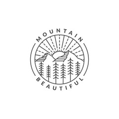 Mountain adventure outdoor badge vector illustration with monoline or line art style