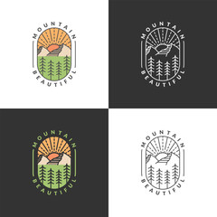 Mountain adventure outdoor badge vector illustration with monoline or line art style
