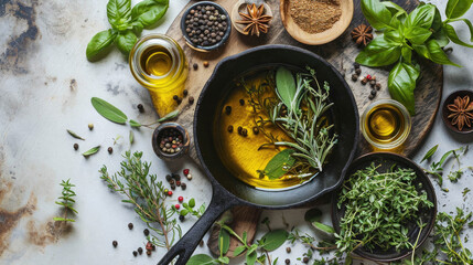 Assortment of herbs and spices with olive oil in a skillet on a rustic surface - obrazy, fototapety, plakaty