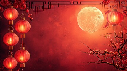 Obraz premium An enchanting border themed around the Chinese Lantern Festival, with hanging lanterns, moon cakes, and a full moon motif