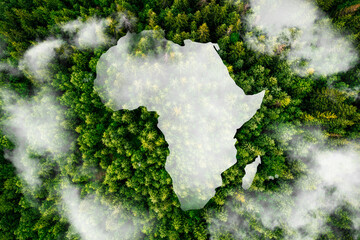 Top view of a cloud and smoke forming the map of the continent of Africa. Top view. Environmental ,...