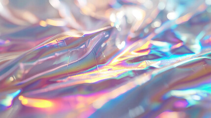 Fototapeta premium Holographic foil with undulating textures reflects a spectrum of colors, creating a vibrant, iridescent surface.