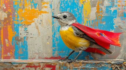 An energetic portrait of a small bird wearing a colorful superhero cape, perched heroically against a vibrant, comic book-style studio background.