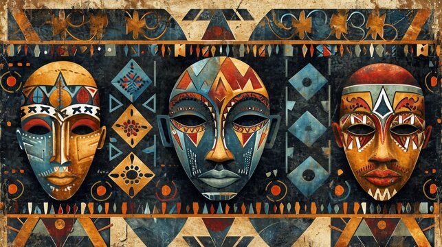 An intricate border inspired by African tribal art, incorporating bold geometric patterns, tribal masks, and earthy color palettes.