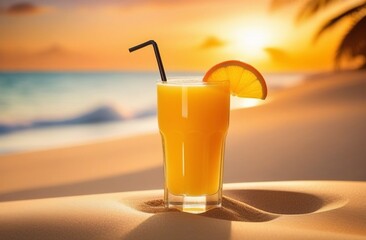  glass of orange juice on the beach near the sea on sunset background.
