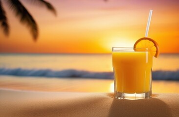 glass of orange juice on the beach near the sea on sunset background.