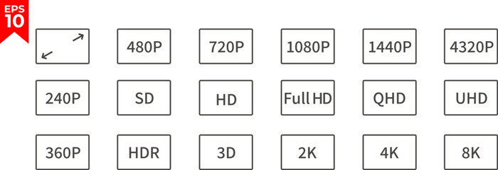 Screen resolution icon set. Monitor size symbol. Hd, FHD, UHD, 4K, 8K screen. Vector illustration.