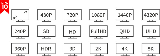 Screen resolution icon set. Monitor size symbol. Hd, FHD, UHD, 4K, 8K screen. Vector illustration.
