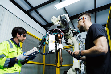 automation machine engineer students study and inspection control robot arm machine in robotics...
