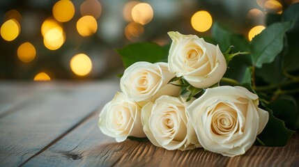 White Cream bouquet Roses on wooden table and Warm Bokeh Lights.